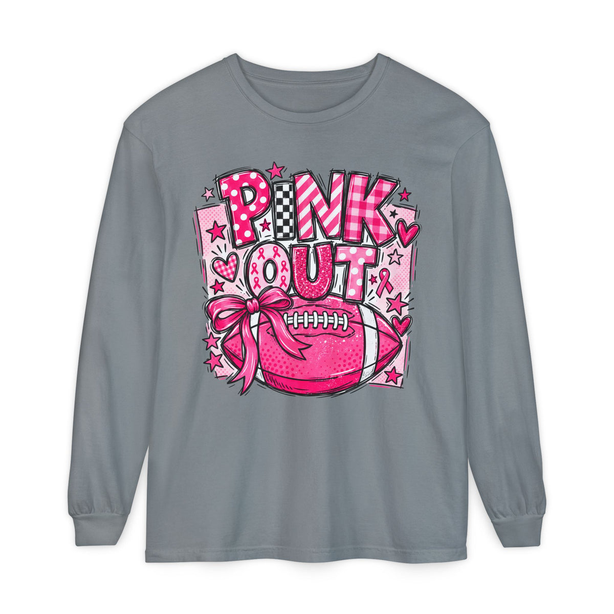 Pink Out Football Breast Cancer Awareness Long Sleeve Graphic Tee