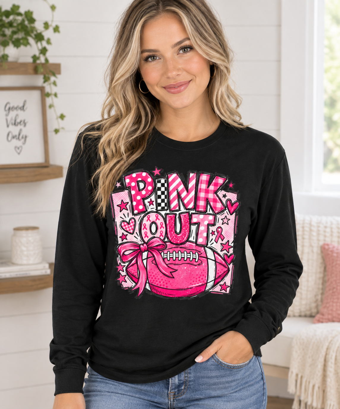 Pink Out Football Breast Cancer Awareness Long Sleeve Graphic Tee